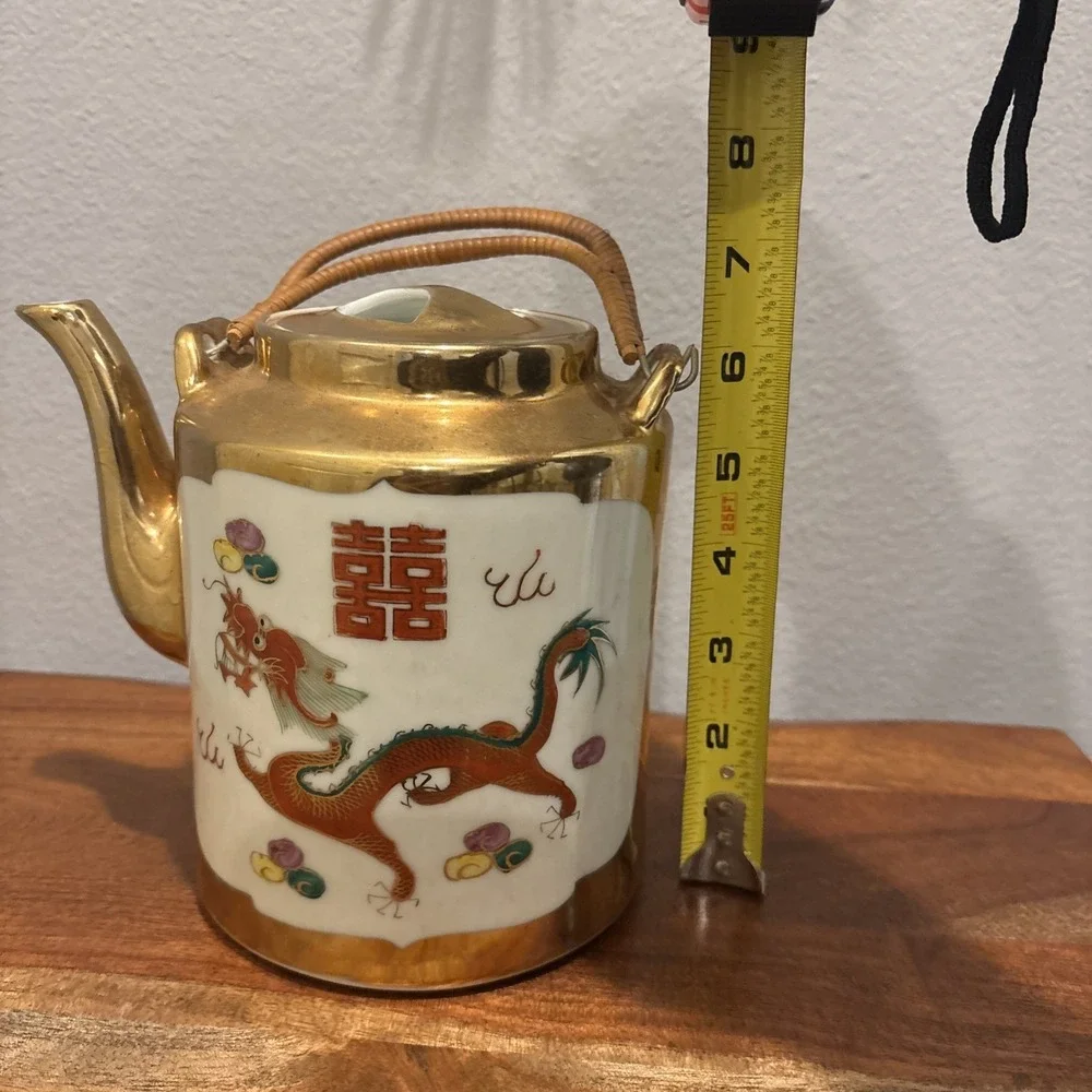 Chinese Vintage Porcelain Dragon & Phoenix Teapot Gold Trim Bamboo Handles